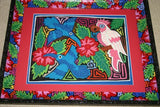 Kuna Indian Folk Art Mola from San Blas Islands, Panama. Hand stitched Textile Applique: Orange Humming Bird / Hummer Bird & Hibiscus Flower 14" x 13 " (224)