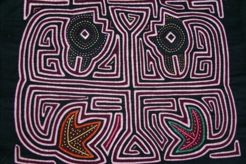 Kuna Indian Folk Art Mola blouse panel from San Blas Islands Panama. Hand-stitched Applique: Geometric Abstract Bird Morphing into Fish Illusion 16