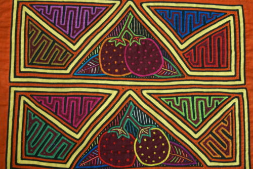 Kuna Indian Folk Art Mola Blouse Panel Textile from San Blas Islands, Panama. Hand stitched Applique: Strawberry Fruit 16.5