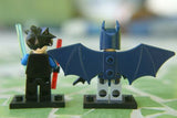2 NEW, NOW VERY RARE, RETIRED LEGO SUPERHERO MINIFIGURES: BATMAN WITH WINGS & BAT-A-RANG WEAPON SET 6858 & NIGHTWING FROM ARKHAM ASYLUM SET 7785 (YEAR 2006)  + BLACK DISPLAY BASES (KIT 1) MFS: 14 PIECES
