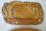 2 UNIQUE STUNNING KWILA WOOD MUSEUM MASTERPIECES WITH MOTHER OF PEARL INSERTS SAGO PLATTERS DISH BOWL BOTH DELICATELY CARVED BY RENOWNED TRIBAL SCULPTOR FROM  REMOTE TROBRIAND ISLANDS MELANESIA SOUTH PACIFIC  OCEANIA COLLECTOR DESIGNER 2A257 & 2A55A