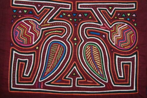 Kuna Indian Folk Art Mola Blouse Panel from San Blas Islands, Panama. Hand stitched Applique: Rare Breadfruit & Leaves Motif 15