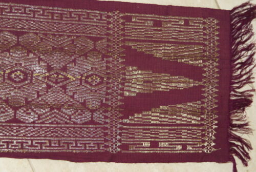 Old Ceremonial Balinese Brocade Damask Handwoven Burgundy Wedding Songket Setagen Sabuk Belt with Metallic Gold Threads 46