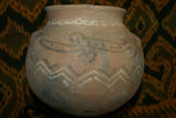 Rare 1980's Vintage Collectible Primitive Hand Crafted Vermasse Terracotta Pottery, Vessel from East Timor Island, Indonesia: 3D Raised Relief Decorative Geometric & Gecko Motifs colored with natural earth tone pigments 7" x 9" (24 Diameter) P30