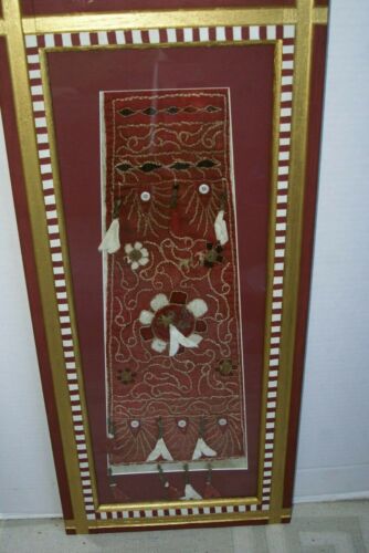 VERY RARE EARLY 1900’S ANTIQUE TEXTILE COLLECTIBLE: OLD  BALINESE HAND WOVEN HAND EMBROIDERED LAMAK USED TO DRESS TEMPLE STATUES CANOPY OR EAVE DURING RITUAL RELIGIOUS CEREMONIES GOLD THREADS FRAMED IN HAND PAINTED FRAME  28 x 12 ½” DFBE8 COLLECTOR ART