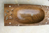 STUNNING UNIQUE HAND CARVED KWILA WOOD MUSEUM MASTERPIECE SERVING PLATTER DISH BOWL WITH MOTHER OF PEARL INSERTS & DELICATE LACY BORDERS RENOWNED TRIBAL SCULPTOR TROBRIAND ISLANDS MELANESIA SOUTH PACIFIC COLLECTOR DESIGNER 2A95 18 1/4" X 8" X 3"