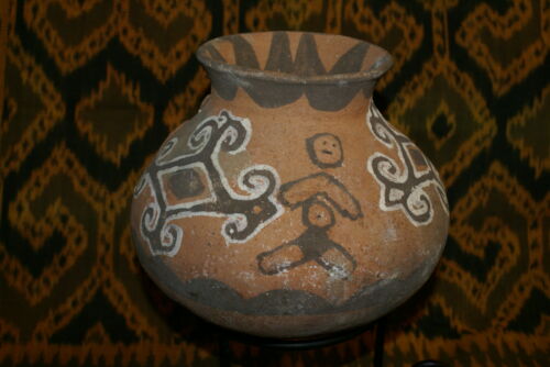 Rare 1980's Vintage Collectible Primitive Hand Crafted Vermasse Terracotta Pottery, Vessel from East Timor Island, Indonesia: Adorned with Decorative Geometric & 3D Raised Relief Ancestors Motifs colored with natural earthtone pigments 9.25