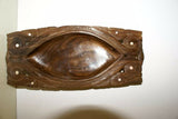 10.5”x 4. 5” UNIQUE STUNNING MUSEUM ROSEWOOD WOODEN BOWL WITH INCISED DELICATELY OPENED BORDERS & ROUND SHAPED MOTHER OF PEARL INLAYS BY RENOWNED TRIBAL SCULPTOR FROM REMOTE TROBRIAND ISLANDS MELANESIA MASSIM SOUTH PACIFIC COLLECTOR DESIGNER ART 2A38