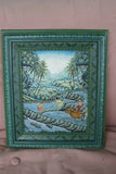 14.5”x 12.25” ORIGINAL TRADITIONAL BALINESE PAINTING ON CANVAS BY RENOWN BATUAN ARTIST NATURE WATERFALLS  RICE FIELDS VILLAGE PEOPLE FULL OF MINUTE DETAIL FRAMED IN HAND PAINTED CUSTOM FRAME  TO MATCH ARTWORK DFBT1 DESIGNER DECOR COLLECTOR MASTERPIECE