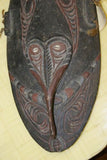 RARE OLD POLYCHROME HAND CARVED MARAMBA ANCESTOR CEREMONIAL SPIRIT MASK COLORED WITH NATURAL PIGMENTS COLLECTED ALONG SEPIK RIVER, PAPUA NEW GUINEA & ONCE USED BY MEDECINE MAN TO WARD AWAY DISEASE 13A1 DECORATOR DESIGNER COLLECTOR 22”x 10"x 4