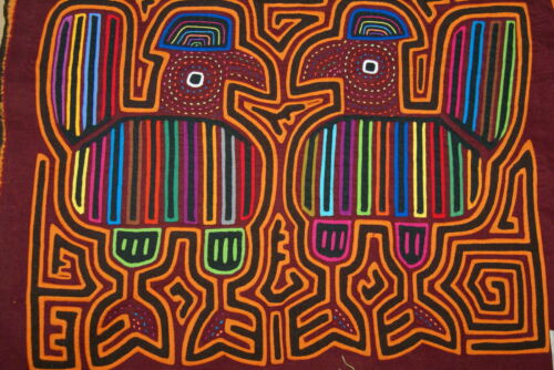 Kuna Indian Folk Art Mola Textile blouse panel from San Blas Islands, Panama. Hand-stitched Applique: Chicken Rooster, Bird with Maze Background 16
