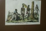 RARE & AUTHENTIC  19C FRAMED ITALIAN ANTIQUE H.C HAND COLORED HISTORICAL  ENGRAVING OF AUSTRALIA ABORIGINES FROM BERNIERI ANTIQUE TRAVEL BOOK MATTED AND CUSTOM FRAMED IN BAMBOO FRAME