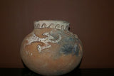 Rare 1980's Vintage Collectible Primitive Hand Crafted Vermasse Terracotta Pottery, Vessel from East Timor Island, Indonesia: 3D Raised Relief Gecko Motifs  & Decorative Geometrics colored with natural earthtone pigments 8.5" x 7" (25" Diameter) P38