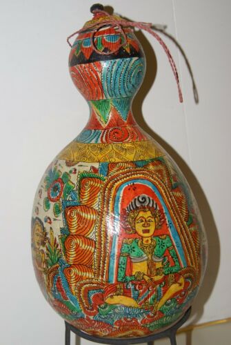 Unique Large Balinese Lime Gourd Hand painted with Wayang Kulit traditional & detailed motifs, Beautiful Kamasan Art depicting Ramayana Epic Scenes:  1G2, 15” tall. Betel  habit paraphernalia. Collected in late 1900’s