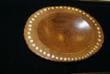 STUNNING ONE OF A KIND HAND CARVED KWILA WOOD MUSEUM MASTERPIECE SERVING PLATTER DISH BOWL WITH MOTHER OF PEARL INSERTS & FESTON BORDER TRIBAL SCULPTOR REMOTE TROBRIAND ISLANDS MELANESIA SOUTH PACIFIC COLLECTOR DESIGNER 2A6A  8”X 6” X 2”