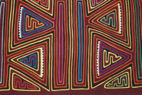 1990's Kuna Indian  Art Mola Blouse Panel from San Blas Islands, Panama. Hand stitched Reverse Applique: Geometric Abstract Hatchet Tool Axe (29B)