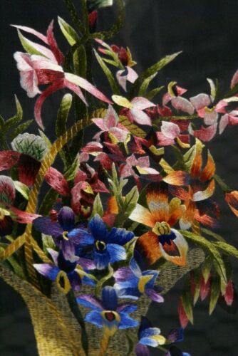 Huge Hmong Tribe Colorful Floral Orchid Bouquet Silk Embroidery Needlework in Vase Original Museum Art Masterpiece DFH14 by Talented Artist Framed  29