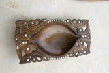 STUNNING 1 OF A KIND HAND CARVED ROSEWOOD WOOD MUSEUM MASTERPIECE SERVING PLATTER DISH BOWL WITH MOTHER OF PEARL INSERTS & DELICATE LACY BORDERS RENOWNED TRIBAL SCULPTOR TROBRIAND ISLANDS MELANESIA SOUTH PACIFIC COLLECTOR DESIGNER 2A130 17.5"x 8.5 x 2.75"