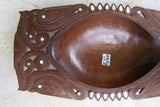 STUNNING UNIQUE HAND CARVED ROSEWOOD MUSEUM MASTERPIECE SERVING PLATTER DISH BOWL WITH MOTHER OF PEARL INSERTS & DELICATE LACY BORDER RENOWNED SCULPTOR TROBRIAND ISLANDS MELANESIA SOUTH PACIFIC  KULA RING COLLECTOR DESIGNER 2A110 15" X 8" X 2"