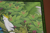 GIGANTIC 36”x 28” ORIGINAL DETAILED COLORFUL  BALINESE PAINTING ON CANVAS SIGNED BY RENOWN UBUD ARTIST RAINFOREST PARADISE WITH FOLIAGE FLOWERS ORCHID FRUIT COCKATOO BIRD FRAMED IN SIGNED CUSTOM FRAME HAND PAINTED TO MATCH  ARTWORK DFBB1 DESIGNER ART