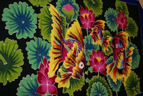HIGH QUALITY HAND PAINTED TEXTILE FABRIC SARONG, SIGNED BY THE ARTIST. VIBRANT COLORS & VERY DETAILED MOTIFS OF FISH & LOTUS, LILY PADS, 70” x 48” (no 20B)