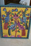 RARE UNIQUE COLORFUL ORIGINAL  FOLK ART PAINTING FROM PAPUA NEW GUINEA ARTIST BIRDS NEST BERRIES SIGNED  & FRAMED IN SIGNED HAND PAINTED FRAME TO MATCH THE ART DECORATOR DESIGNER COLLECTOR WALL  ART  27” by 23” HUGE DFP13