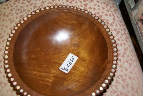 10”x 10”x 3” STUNNING HAND CARVED KWILA WOOD MUSEUM MASTERPIECE SAGO PLATTER DISH BOWL WITH ROUND  MOTHER OF PEARL INSERTS & DELICATE LACY INCISED BORDERS BY RENOWNED TRIBAL SCULPTOR TROBRIAND ISLANDS MELANESIA SOUTH PACIFIC COLLECTOR DESIGNER ART 2A35