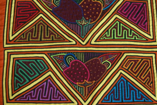 Kuna Indian Folk Art Mola blouse panel from San Blas Islands, Panama. Hand stitched Applique: Strawberries Fruit 16