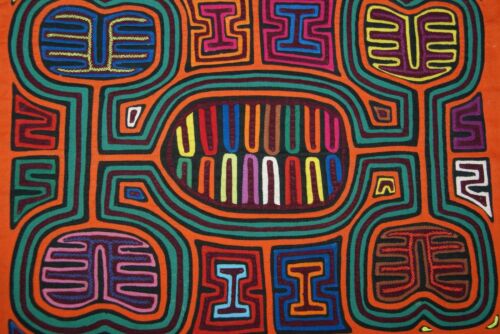 Kuna Indian Folk Art Mola Blouse Panel from San Blas Islands, Panama: Hand Stitched Geometric Abstract Applique: Maracas, Rattle Musical Motif  17.5
