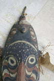 VERY RARE OLD POLYCHROME HAND CARVED MARAMBA ANCESTOR ORACLE SPIRIT MASK COLORED WITH NATURAL PIGMENTS COLLECTED ALONG SEPIK RIVER, PAPUA NEW GUINEA & ONCE USED BY MEDECINE MAN TO WARD AWAY DISEASE 3A14 DECORATOR DESIGNER COLLECTOR 25”x 8"x 5"