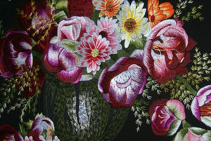 From Hmong Hill Tribe Talented Artist   29,5" x 24" Unique Detailed Silk Embroidery of Flower Bouquet Peonies, daisies in vase: Museum Art Tapestry Masterpiece in Hand Painted Signed Frame DFH1 Wall Art Décor Designer Collector Detailed