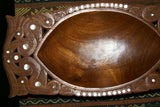 STUNNING UNIQUE HAND CARVED ROSEWOOD MUSEUM MASTERPIECE SERVING PLATTER DISH BOWL WITH MOTHER OF PEARL INSERTS & DELICATE LACY BORDER RENOWNED SCULPTOR TROBRIAND ISLANDS MELANESIA SOUTH PACIFIC  KULA RING COLLECTOR DESIGNER 2A28 14" X 7" X 2.5"