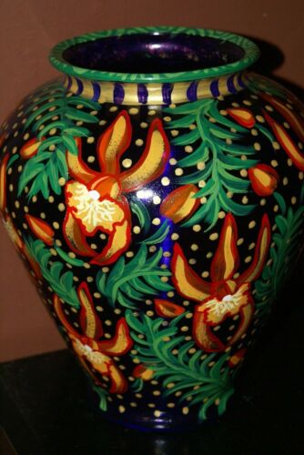 Signed Unique Art Glass Large Vase  or Urn with Orange & Green Cattleya laelia Orchid Flowers Hand painted  & signed by Artist One of a kind 11