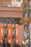 UNIQUE INTRICATELY HAND CARVED ORNATE WOOD HANGER 30” LONG (ROD, RACK) USED TO DISPLAY RARE OR PRECIOUS TEXTILES ON THE WALL, SUPERB BAS RELIEF CHOICE BETWEEN 3 LACY FOLIAGE & VINES MOTIFS EACH ALSO WITH HORSE, MARSUPIAN OR BIRD MOTIF ITEM 340, 341 OR 342