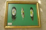 done Framed Original 3 Miniature Birds Hand Painted on Feathers Hummer Parrot Toucan.