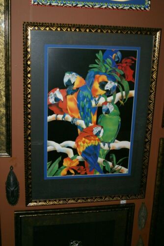 RARE 1988 BARBARA WALLACE LARGE GIGANTIC COLORFUL  & VIBRANT POSTER OF MACAW PARROTS DOUBLE MATTED IN UNIQUE SIGNED ARTIST HAND PAINTED FRAME 38