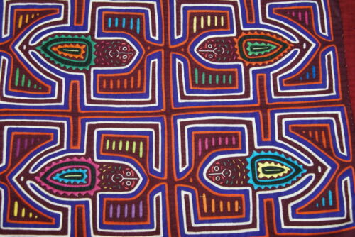 Kuna Indian Folk Art Mola Blouse Panel from San Blas Islands, Panama. Hand stitched Applique: Geometric Leaping Frogs 17.5