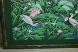 GIGANTIC 31”x 25” ORIGINAL DETAILED COLORFUL  BALINESE PAINTING ON CANVAS SIGNED BY RENOWN UBUD ARTIST RAINFOREST PARADISE WITH FOLIAGE POND LOTUS FLOWERS IBIS EGRET BIRDS FRAMED IN SIGNED CUSTOM FRAME HAND PAINTED TO MATCH  ARTWORK DFBB37 DESIGNER ART