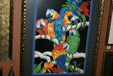 RARE 1988 BARBARA WALLACE LARGE GIGANTIC COLORFUL  & VIBRANT POSTER OF MACAW PARROTS DOUBLE MATTED IN UNIQUE SIGNED ARTIST HAND PAINTED FRAME 38"X 27” TROPICAL EXPRESSIONISM ART