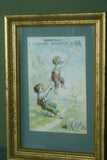 EPHEMERA AMERICANA WHIMSICAL ART: 1887 MATTED & FRAMED ANTIQUE VICTORIAN ADVERTISING TRADE CARD: J&P Coats, GIRL WITH KITE CRYING (DFPO2V) ARTIST HAND PAINTED FRAME DESIGNER COLLECTOR COLLECTIBLE WALL DÉCOR UNIQUE