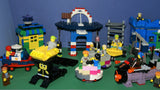 CUSTOM LEGO SET WITH OVER 12 BUILDS: 1488 PCS, 25 NOW RARE RETIRED MINIFIGURES. ENTRANCE ARCH, AMUSEMENT PARK, RIDES & GAMES, POLICE QUARTERS, PUBLIC RESTROOMS, FOUNTAIN, MANY ACCESSORIES. kit 23