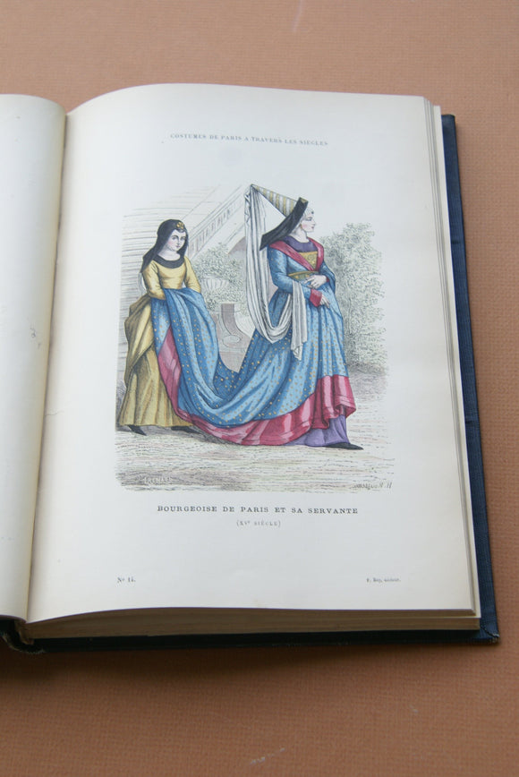 ANTIQUE RARE FRENCH BOOK WITH 112 COLORED ENGRAVINGS LITHOGRAPHS (11” x 7 ½”) + 1 MAP (24” X 20”) FROM 1880 (19th Century) from “Costumes De Paris a Travers Les Siecles” HUMOROUS SIGNED PLATES FRANCE WAYS OF LIFE,  STYLES, PROFESSIONS, VEHICLES