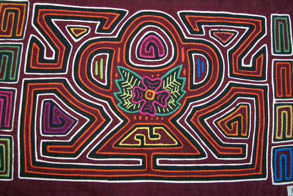 Kuna Indian Folk Art Mola Blouse Panel, Textile from San Blas Islands, Panama. Hand-stitched Applique: Geometric Flower & Maze Background 19.5