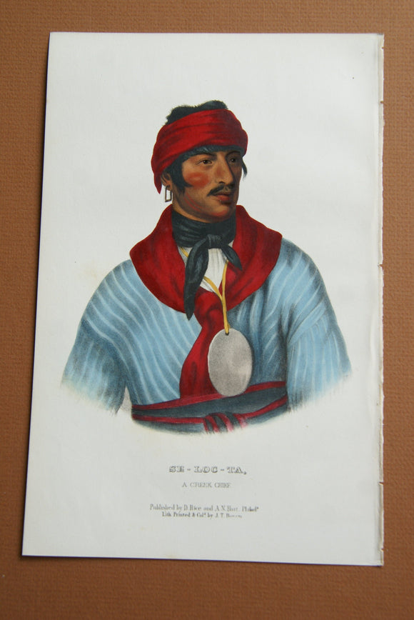 1865 Original Hand colored lithograph of  SE-LOC-TA, A CREEK CHIEF, from the Royal octavo edition of McKenney & Hall’s History of the Indian Tribes of North America (SELOCTA)