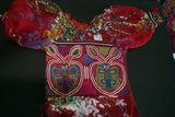 Kuna Indian Traditional Quilted Mola Blouse Panel from San Blas Islands, Panama. Hand Stitched Folk Art Reverse Applique: Butterfly on Apple, mirror images with Intense Parallel Background 14" x 10 1/4"  (1A)