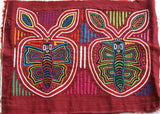 Kuna Indian Traditional Quilted Mola Blouse Panel from San Blas Islands, Panama. Hand Stitched Folk Art Reverse Applique: Butterfly on Apple, mirror images with Intense Parallel Background 14" x 10 1/4"  (1A)