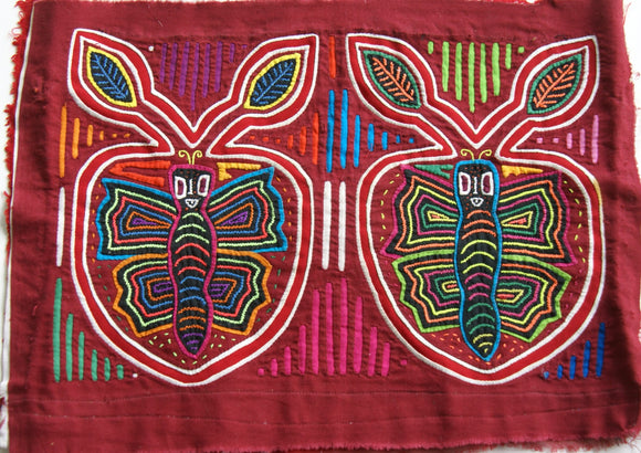 Kuna Indian Traditional Quilted Mola Blouse Panel from San Blas Islands, Panama. Hand Stitched Folk Art Reverse Applique: Butterfly on Apple, mirror images with Intense Parallel Background 14