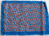 Kuna Indian Folk Art Mola Blouse Panel from San Blas Islands, Panama. Hand-stitched Applique Textile: Geometric Arrow Heads, Blue White & red 15" x 10”, item 1A