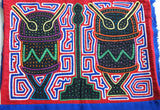 Kuna Indian Folk Art Mola Blouse Panel from  San Blas Islands, Panama. Hand-stitched Reverse Applique: Music Festival Percussion Drum Motif & Metronome  14" x 12" (1A) Labyrinth Background