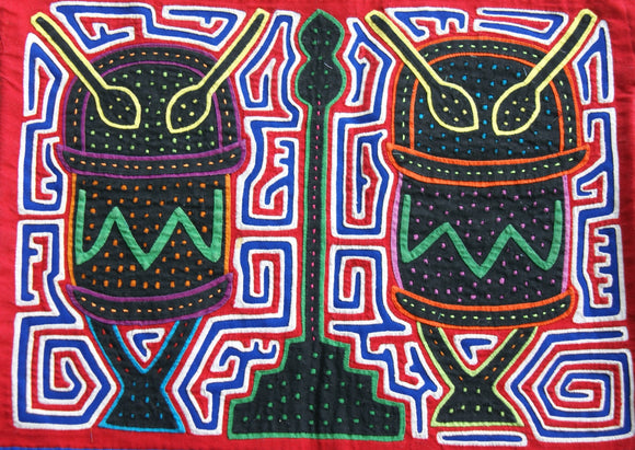 Kuna Indian Folk Art Mola Blouse Panel from  San Blas Islands, Panama. Hand-stitched Reverse Applique: Music Festival Percussion Drum Motif & Metronome  14